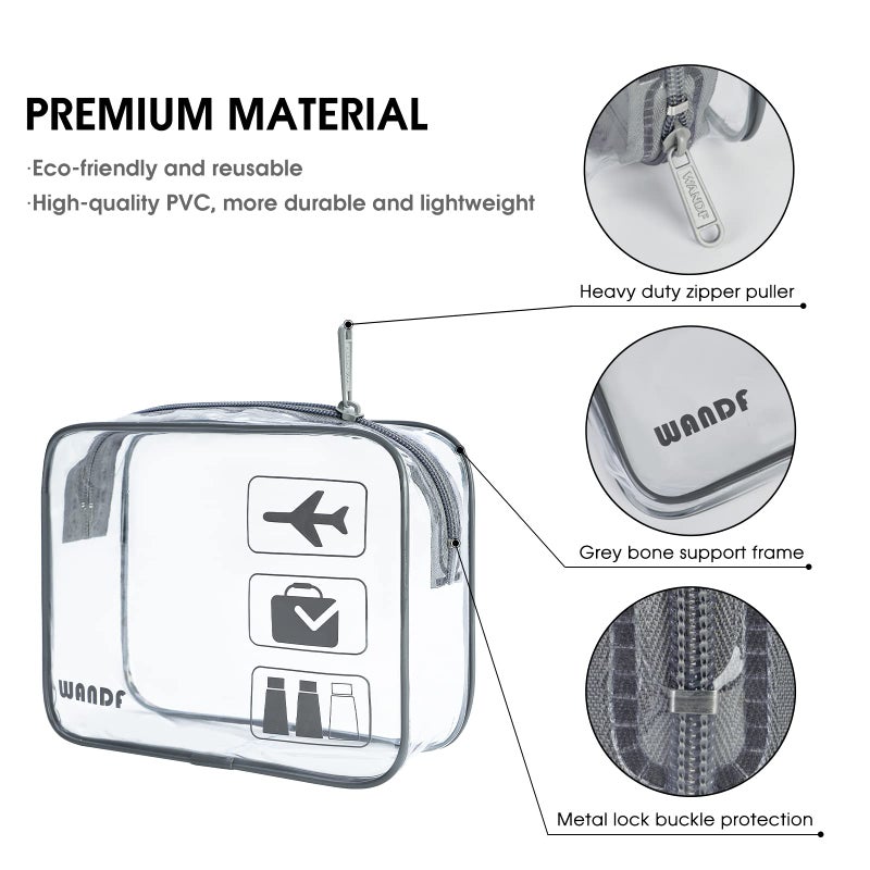 WANDF TSA Approved Toiletry Bag  2 Packs Travel Clear Toiletry Bag  Quart Size Makeup Cosmetic Pouch with Zipper  Carry-On Airport Compliant Bag for Women and Men (2pcs Grey) - Image 3